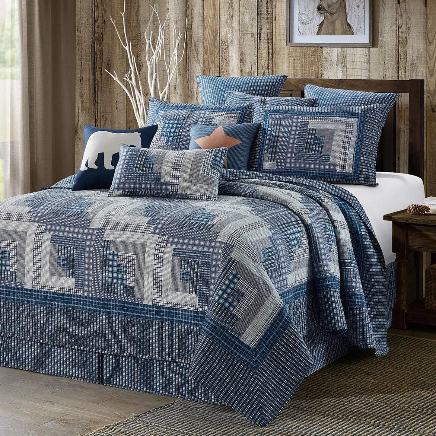 Virah Bella 2 Piece Full/Queen Lodge Quilt Bedding Set - Rustic Country Reversible Comforter Set with Decorative Pillow Shams - Montana Cabin: Blue/Gray