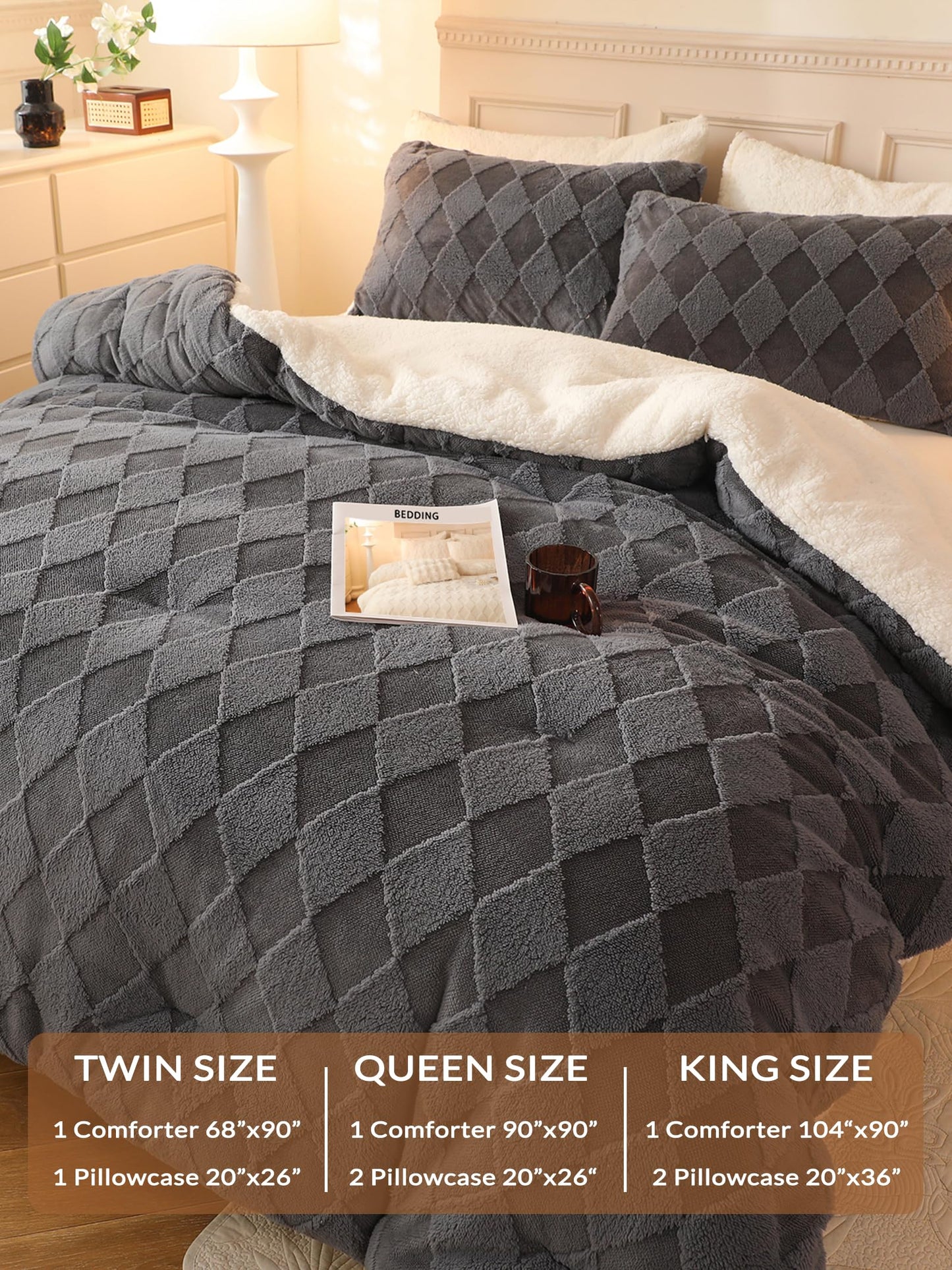 hadamick Tufted Fleece Comforter Set King - Super Soft Warm Fluffy Shaggy Bedding Sets, Diamond Plaid Jacquard Bed Set for Winter, 1 Sherpa Comforter with 2 Pillow Cases (104"X90" Grey)