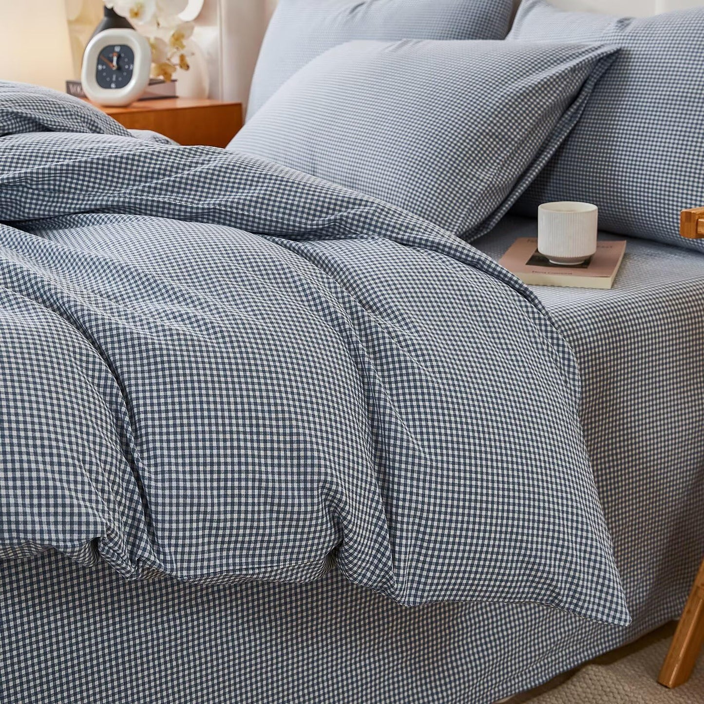 AMZTOP Soft Cotton King Size Duvet Cover Set 3 Pcs,1 Duvet Cover and 2 Pillowcases,100% Washed Cotton Blue Gingham Design Bed Set,Zipper Closure Comforter Covers King Size 104"×90"
