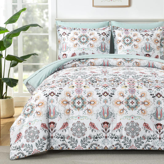 Boho Comforter Set Queen - 7 Pieces Bed in a Bag Floral Design, Bohemian Comforter Set with Sheets, Soft Microfiber Complete Bedding Sets All Season (Light Green, Queen)