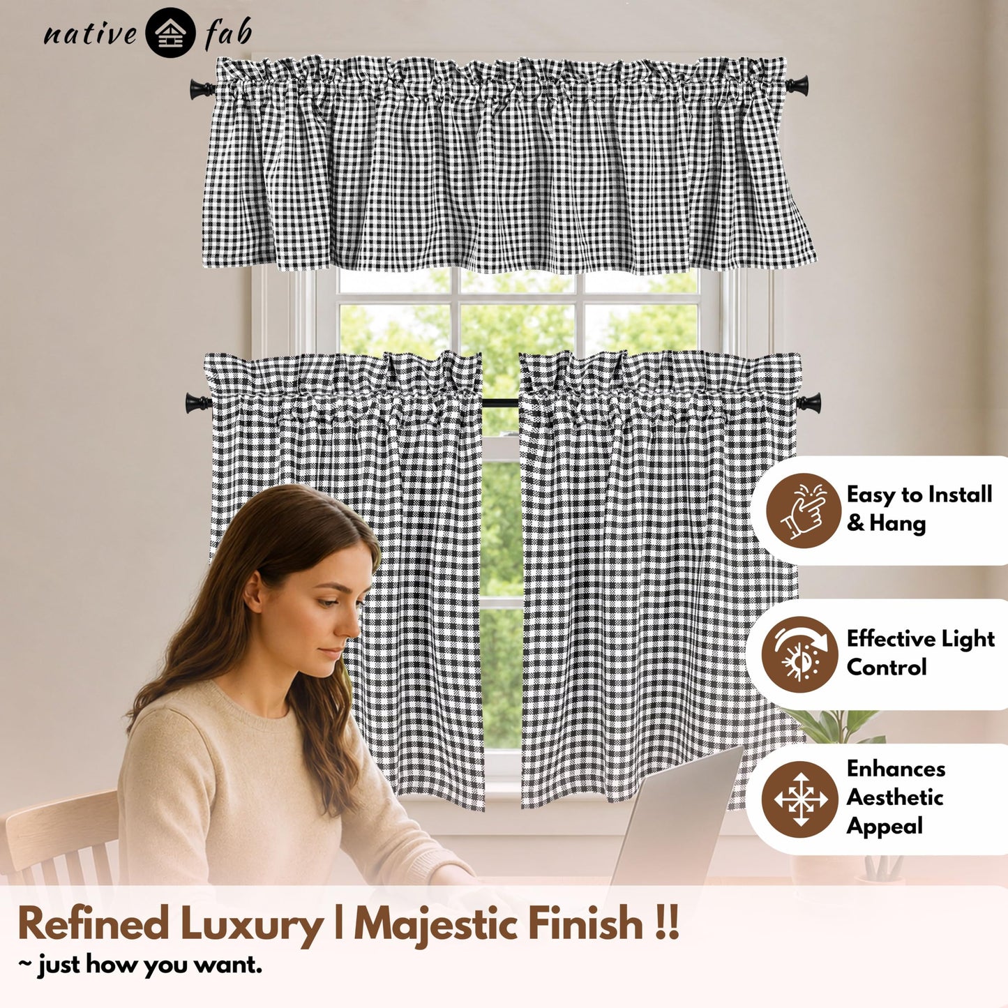 Native Fab Gingham Mini Check 3 Piece Window Curtain Tiers 26"x36" and Valance 54"x18" Set - Rod Pocket - Semi Sheer - Farmhouse Vintage Curtain for Kitchen, Cafe, Living Room - Black and White