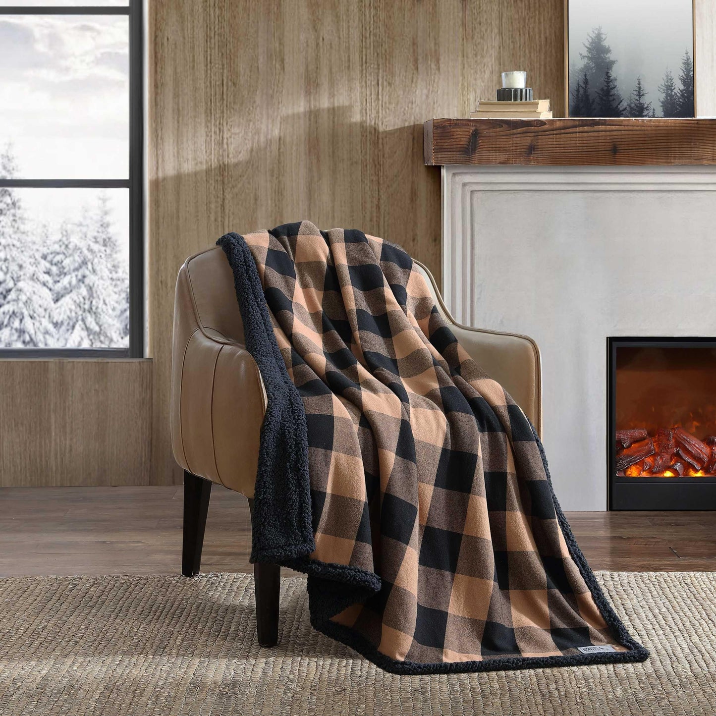 Eddie Bauer - Throw Blanket, Brushed Fleece & Plush Sherpa Soft Blanket, Throw Blanket for Couch & Bed (Cabin Plaid Beige, 50" x 60")