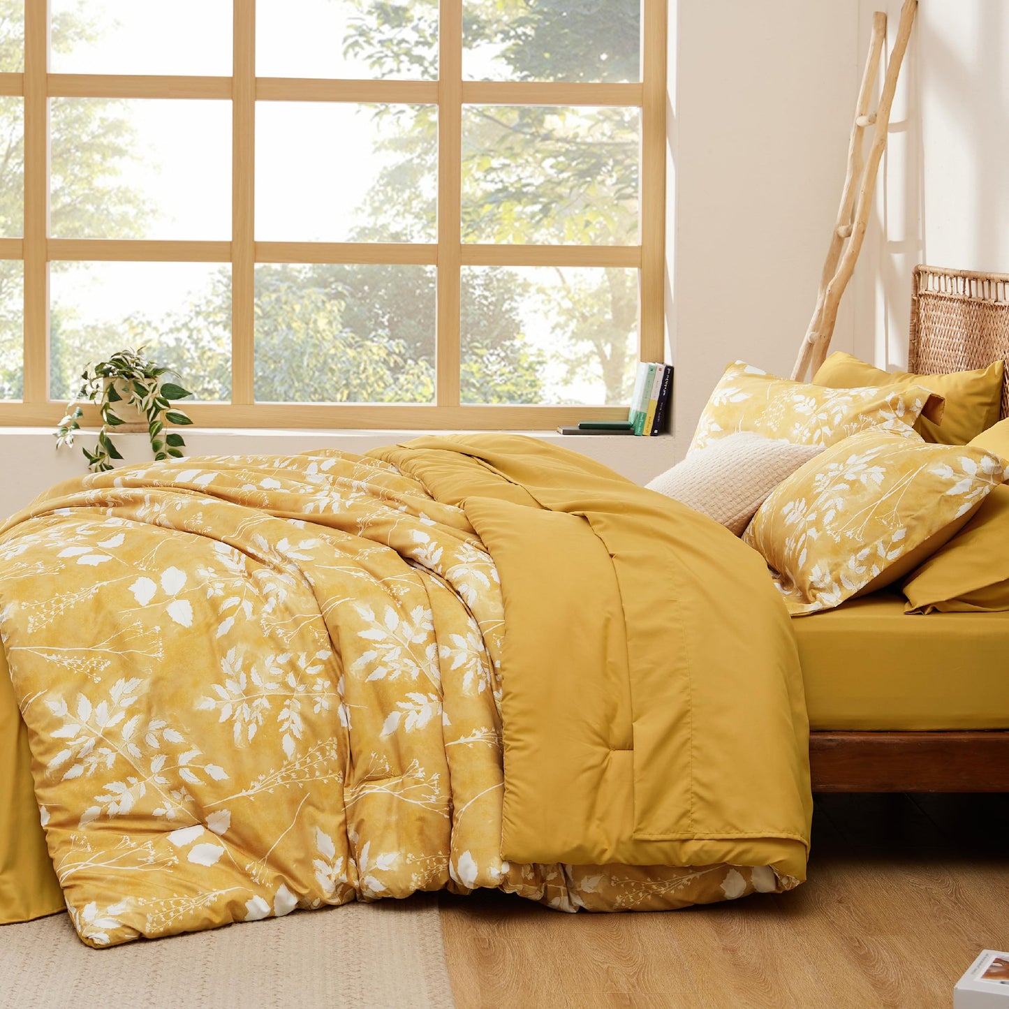 Bedsure Queen Comforter Set - 7 Pieces Floral Yellow Soft Bedding Sets, Queen Bed in a Bag with Botanical Flowers Comforter, Sheets, Pillowcases & Shams