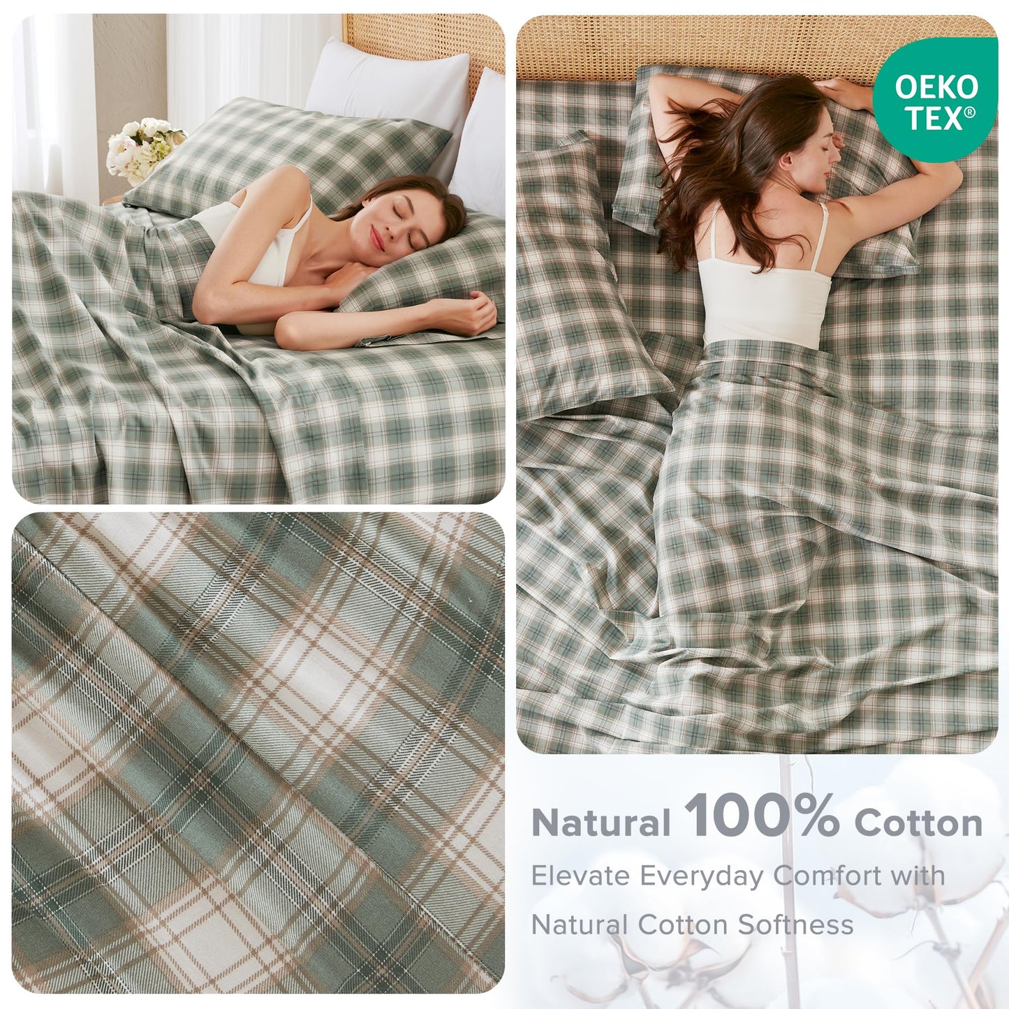 Comfort Spaces 100% Cotton Sheets Full, Breathable, Naturally Cool Cotton Sheets, Soft Cotton Bed Sheets with 14" Elastic Pocket Fits up to 16" Mattress, All Seasons Sheet Set, Wesley Green 4 Piece