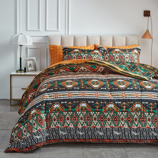 Flysheep 7 Pieces Boho Bed in a Bag Queen Size, Southwestern Bohemian Tribal Striped Printed, Reversible Bed Comforter Set (1 Comforter, 1 Flat Sheet, 1 Fitted Sheet, 2 Pillow Shams, 2 Pillowcases)