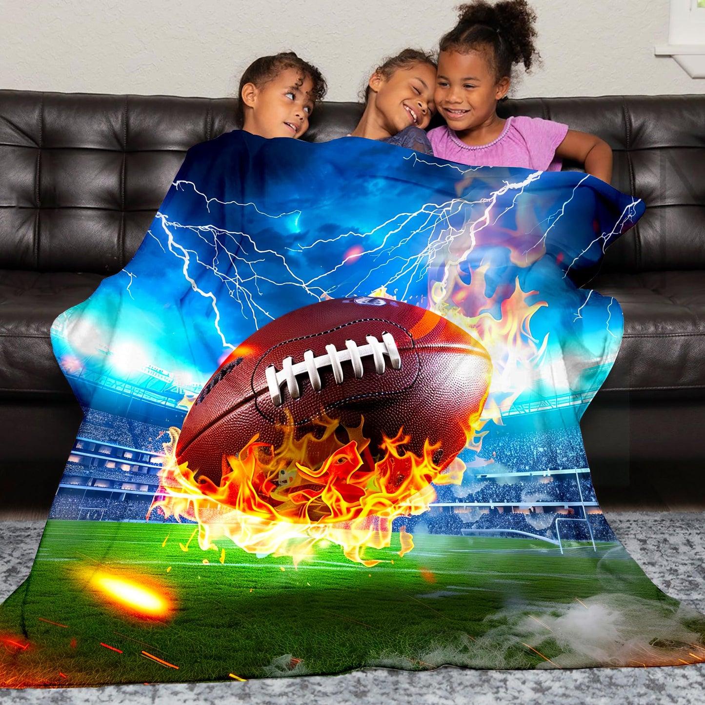 Football Blanket for Kids Adults, Super Soft Funny Cool Fire Blue Field Football Sport Throw Blanket Gifts for Kids Boys Girls Men Women, Warm Cozy Fuzzy Plush Fleece Flannel Blankets 50"x40"