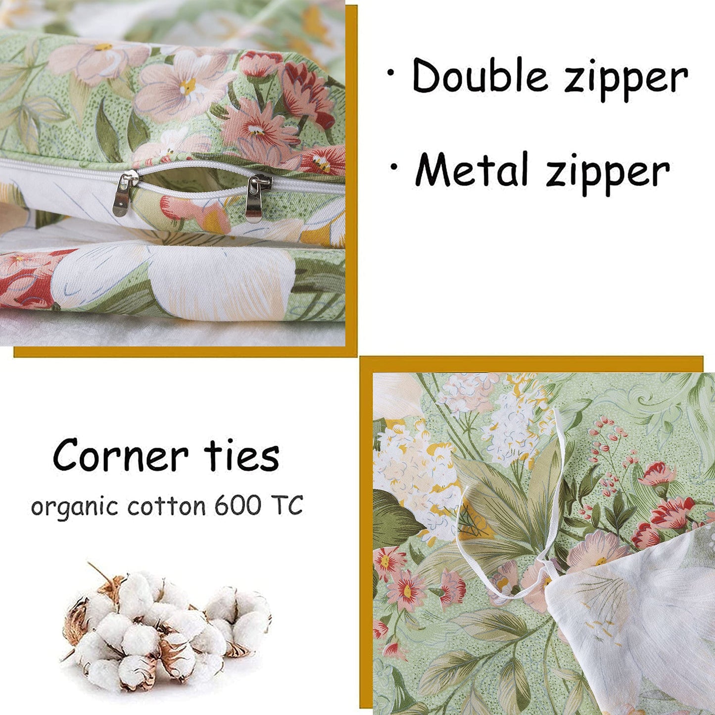 FADFAY Floral Duvet Cover Set Full 100% Cotton Girls Bedding 600 TC Mint Green and White Flower Elegant Lily Printed Comforter Cover Zipper Corner Ties Soft Bed Cover 3 Pcs