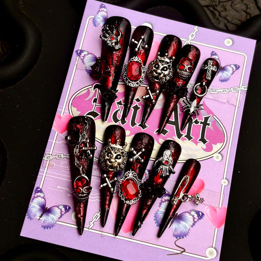 Handmade Fake Nails Press On Nails Black Floral Baroque Punk with Chain Accents for Women Size S