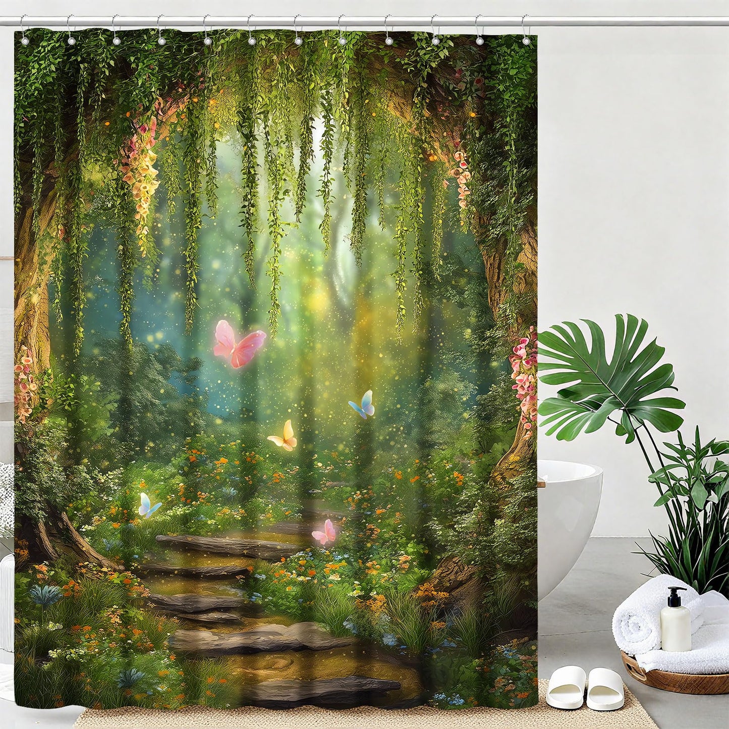 mutakin Green Tree Shower Curtain Butterflies Shower Curtains for Bathroom Waterproof Fabric Bath Curtain Decor with Hooks