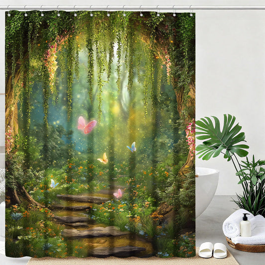mutakin Green Tree Shower Curtain Butterflies Shower Curtains for Bathroom Waterproof Fabric Bath Curtain Decor with Hooks
