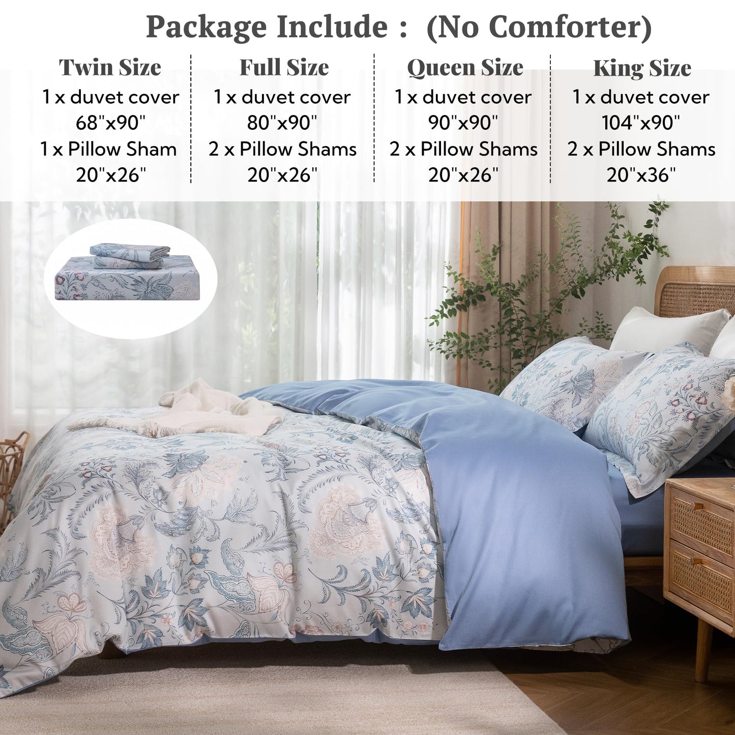 MILDLY Queen Duvet Cover Set - 100% Long-Staple Cotton Paisley Floral Patten Reversible Comforter Cover - 3Pcs Soft Breathable Luxury Bedding for All Season