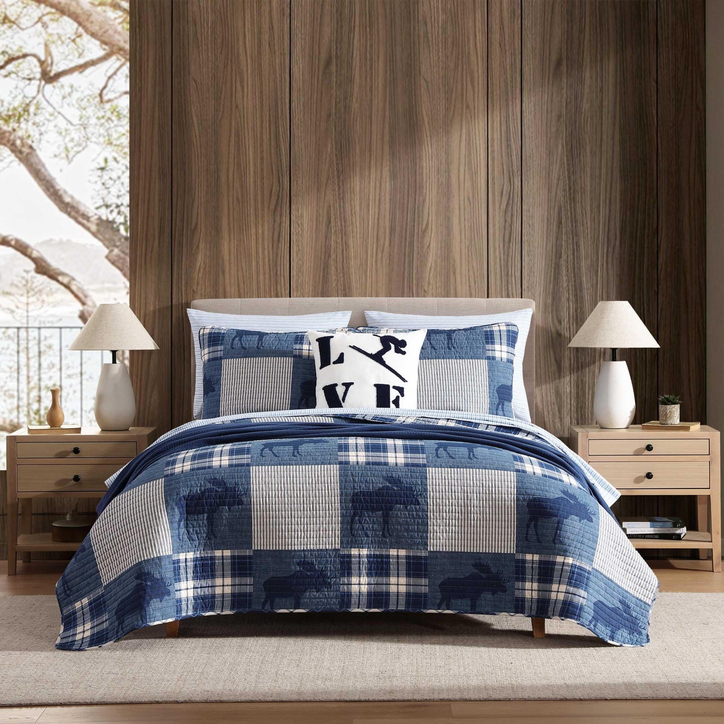 Eddie Bauer - King Quilt Set, Naturally Soft Cotton Bedding w/a Lightweight Feel for All-Year Comfort, Reversible w/Matching Pillowcases, 3 Piece Bed Set (Moose Plaid/Pinstripe/Patchwork Blue)