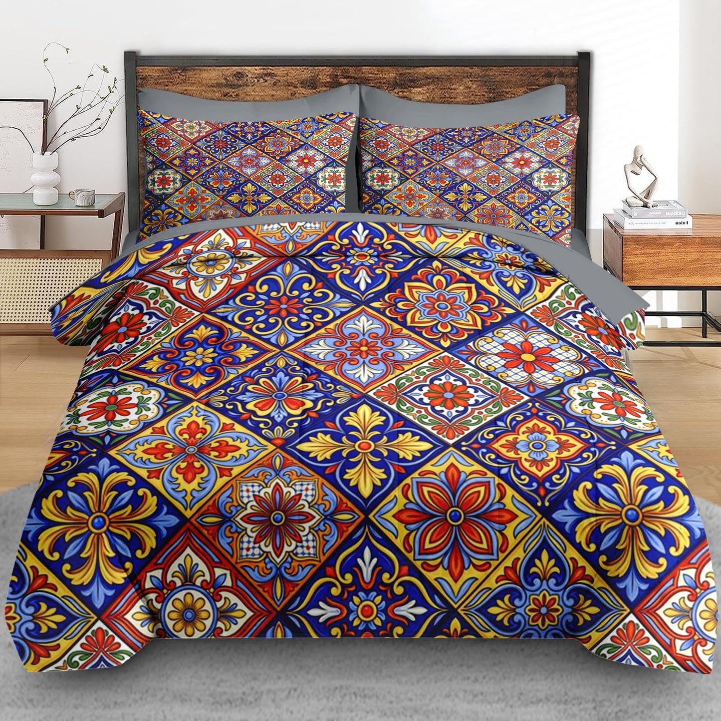 Pamnest Comforter Set Full Size, Mexican Talavera Ceramic 7 Pcs Bedding for Kids and Adults, Italian Spanish Bed Sheet Sets with Fitted Sheet 2 Pillowcases & 2 Shams for Bedroom Bed Decor