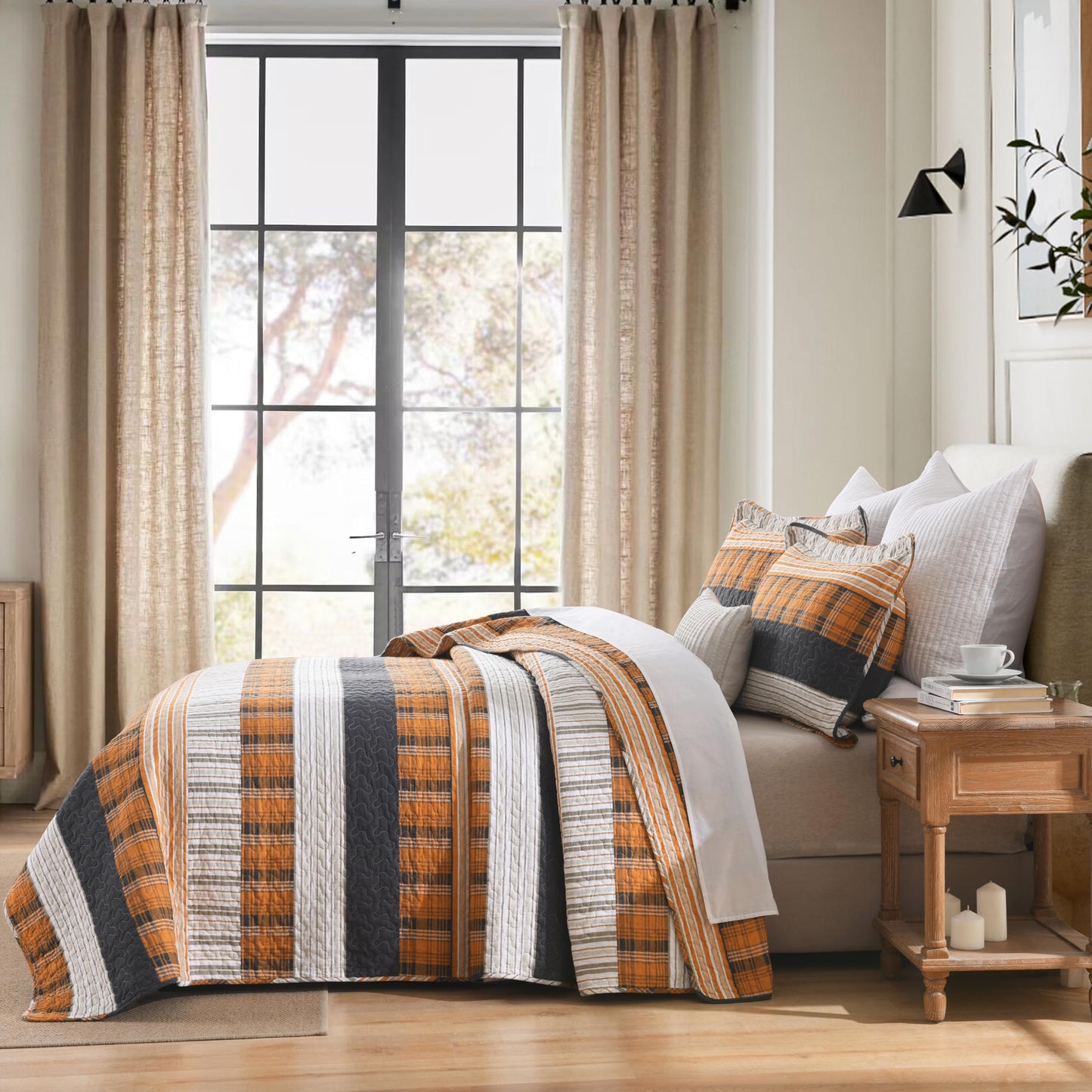 Homzard 100% Cotton King Size QuiltSet,Lightweight Striped Plaid Orange Black Quilts Bedspread Set,Farmhouse Neutral Bedding Comforter Set 3 Pieces Bed Set King