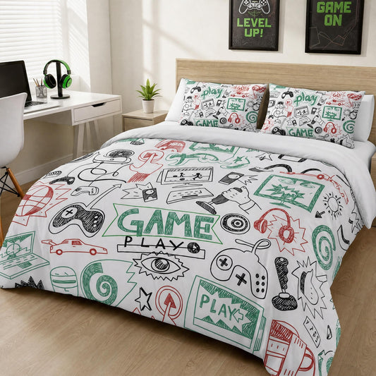Vichonne Game Comforter Sets for Boys Teen Twin Size,Kids Video Games Bedding Set Sketch Style Athletic Racing Game Design Bedroom Home Decor