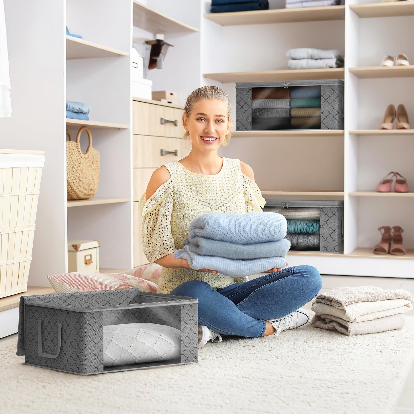 Sorbus Medium Clothes Storage Bags - Foldable Blanket Storage Bins for Organizing Bedroom, Closet, Clothing, Comforter, Organization with Clear Window, Lids and Carry Handles - Set of 6
