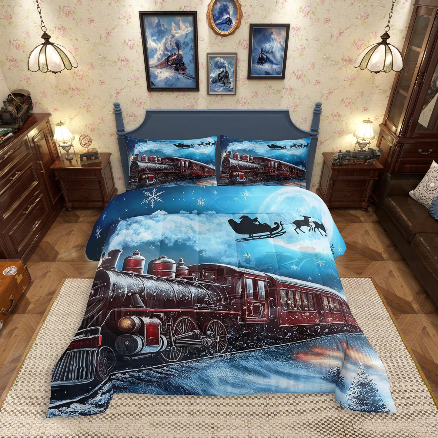 Erosebridal Kids Steam Train Comforter Set Twin,Christmas Santa Claus Deer Bedding Set Xmas Gifts for Boys Girls,Winter Snowflake Quilt Bed Set Vehicle Trains Bed Comforter Sets 2Pcs Room Decor