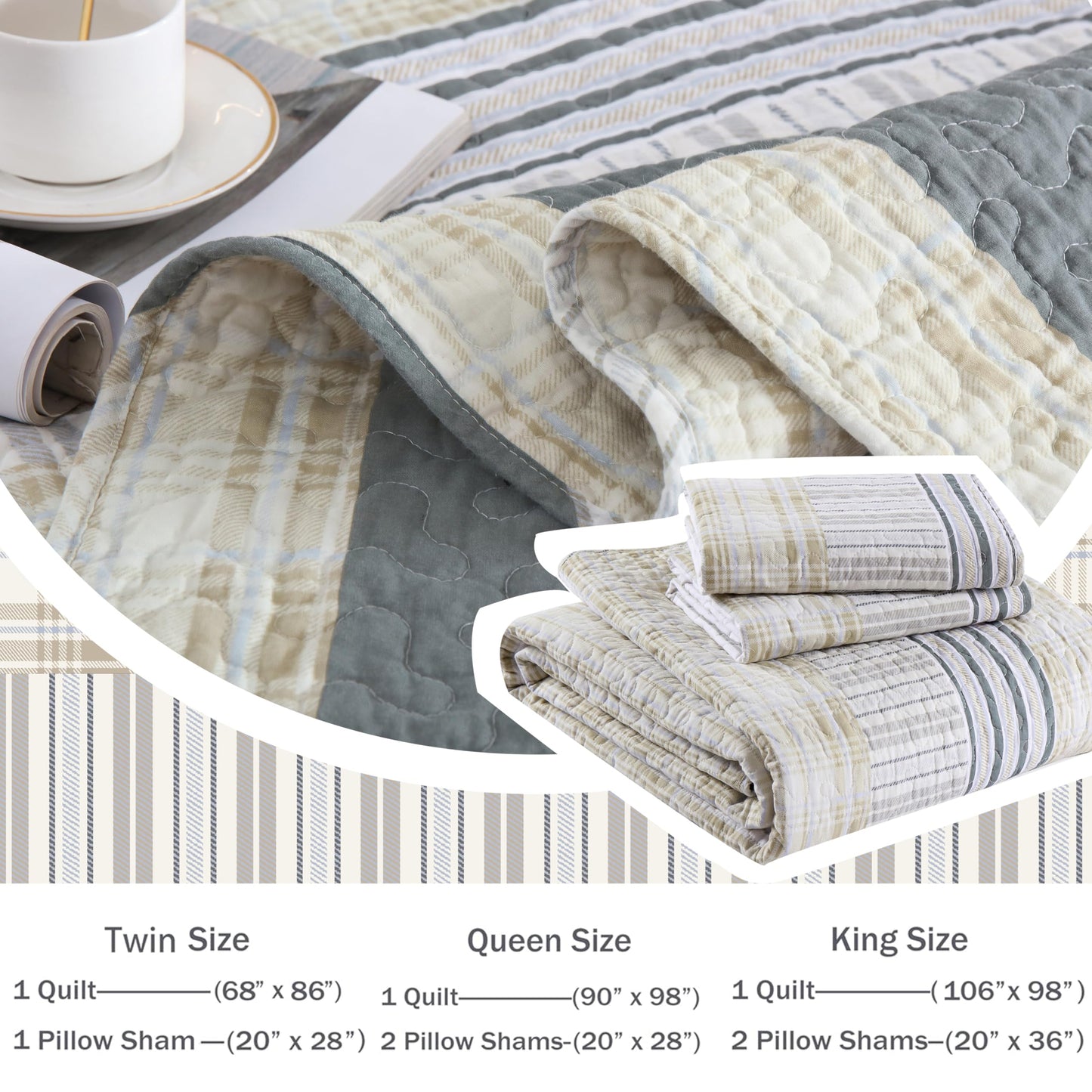 Homzard Quilts Queen Size - Cotton Queen Size Comforter Sets,Beige Grey Cotton Bedding,Striped Plaid Comforter Bedspread (90 * 98 Inches),3 Piece