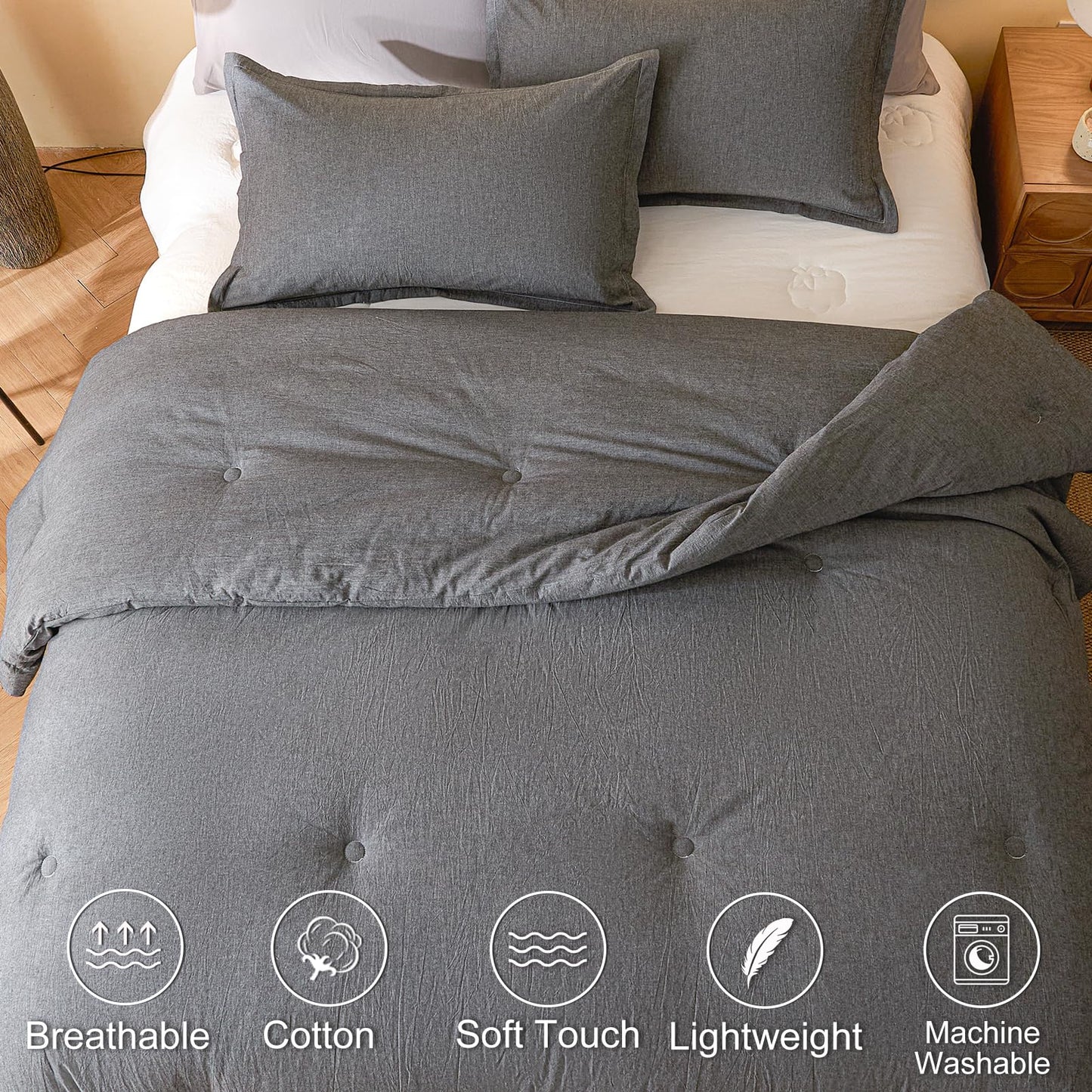 hadamick 100% Cotton Comforter Set Full Size – Reversible Yarn-Dyed Design, Soft Washed Cotton on Both Sides, Lightweight All-Season Bedding, Machine Washable(Black Grey, 80”x90”)