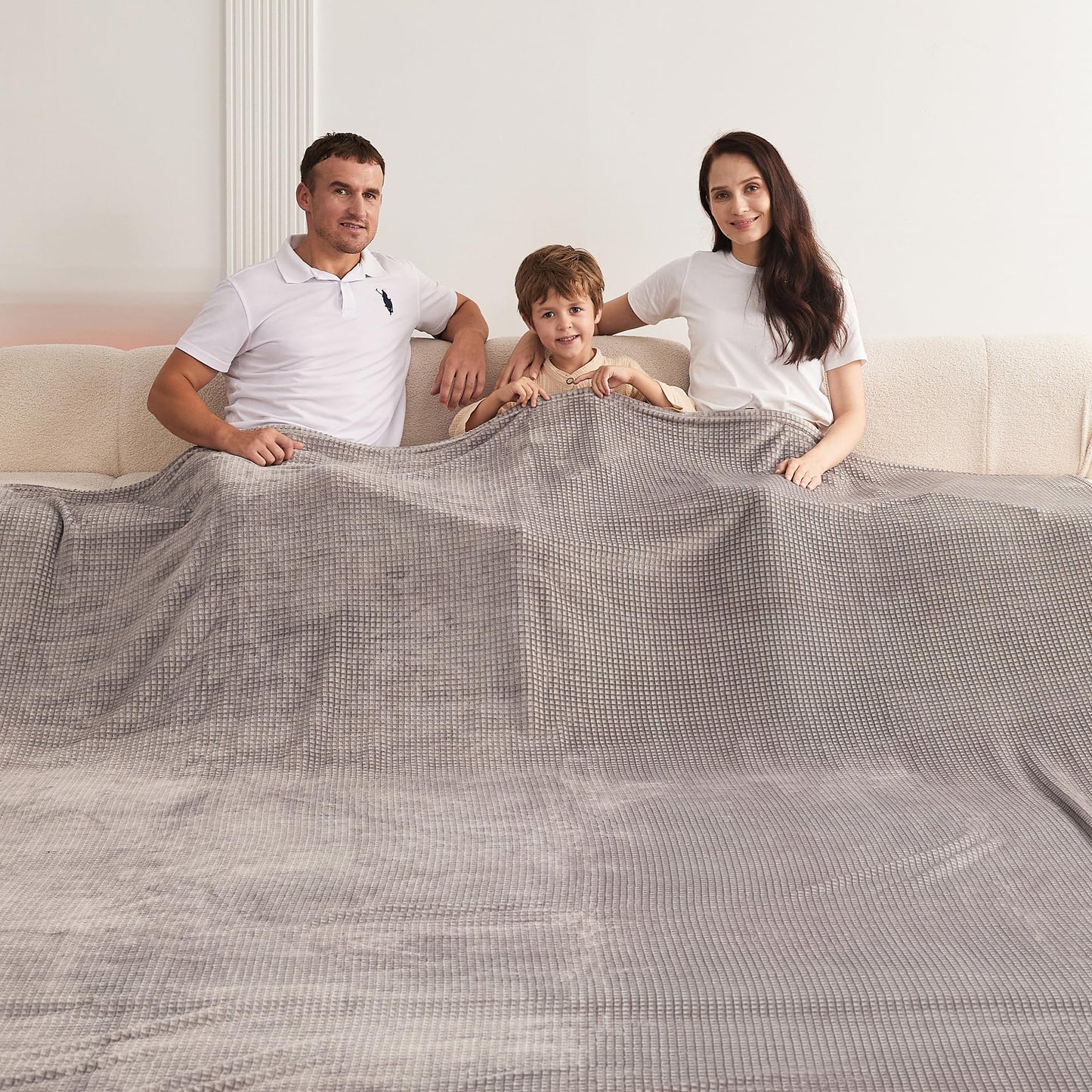 Oversized King Fleece Blanket 120x138 Inches, Seamless Soft Cozy 3D Jacquard Flannel Blanket 10'x11.5' Extra Large for Bed, Sofa, Couch, Travel & Camping, California King Throw, Light Grey - Waffle