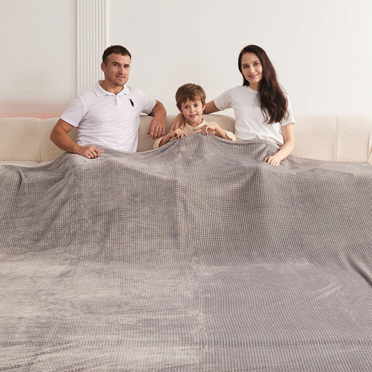 Oversized King Fleece Blanket 120x138 Inches, Seamless Soft Cozy 3D Jacquard Flannel Blanket 10'x11.5' Extra Large for Bed, Sofa, Couch, Travel & Camping, California King Throw, Light Grey - Waffle