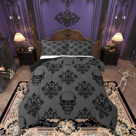 jejeloiu Vintage Damask Bedding Set Queen Size Kids Sugar Skull Comforter Set for Boys Girls Gothic Art Duvet Quilt Breathable Soft Lightweight Microfiber，with 2 Pillow Cases