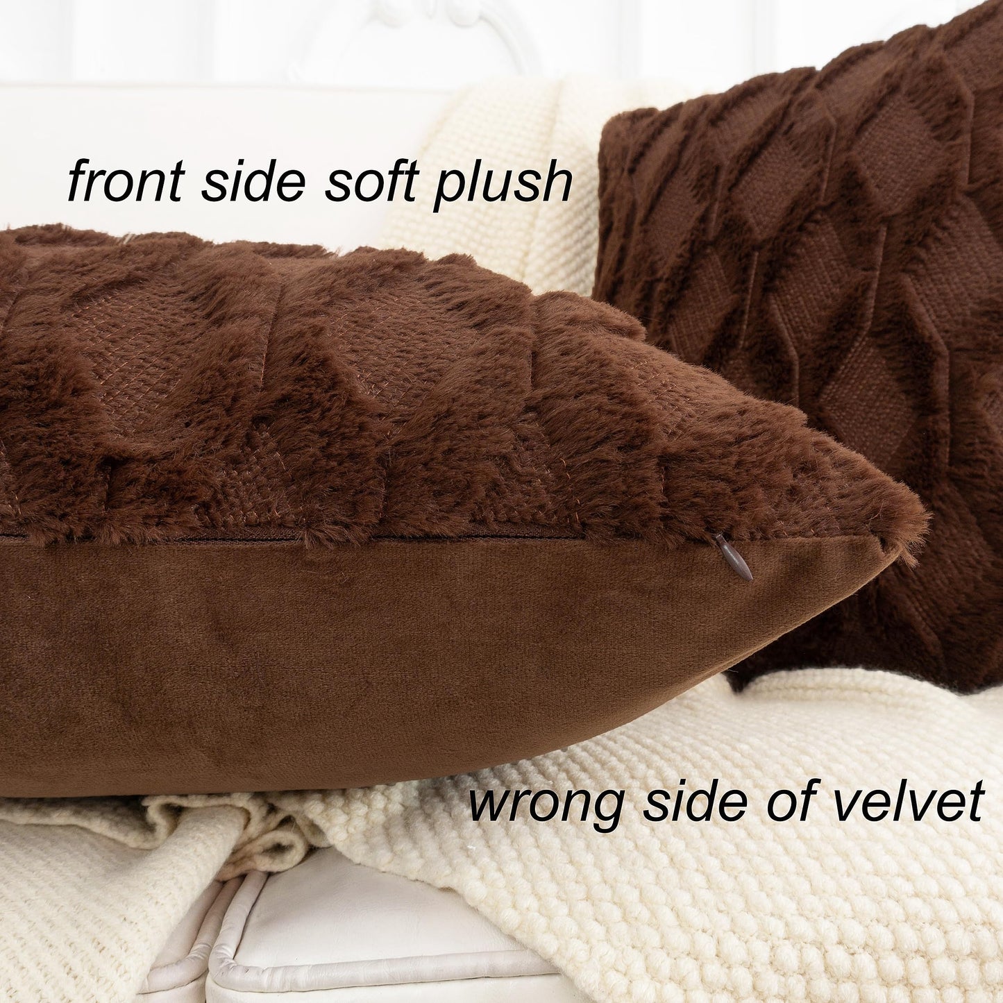 Smile of hope Brown Throw Pillow Covers 18x18 Set of 2 Decorative Farmhouse Couch Throw Pillows Boho Shells Cute Soft Plush Wool Winter Pillowcases for Bedroom Living Room Sofa