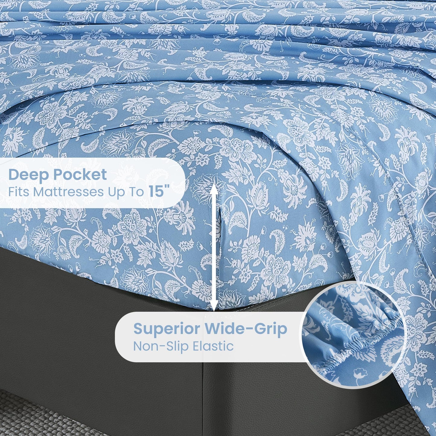 Mooreeke Cozy Vintage Microfiber Printed Full Sheet Set - Soft & Breathable Percale Blue Paisley Bed Sheets with Extra Deep Pocket - Non-Slip Fitted Design - Blue Flower Pattern - Full