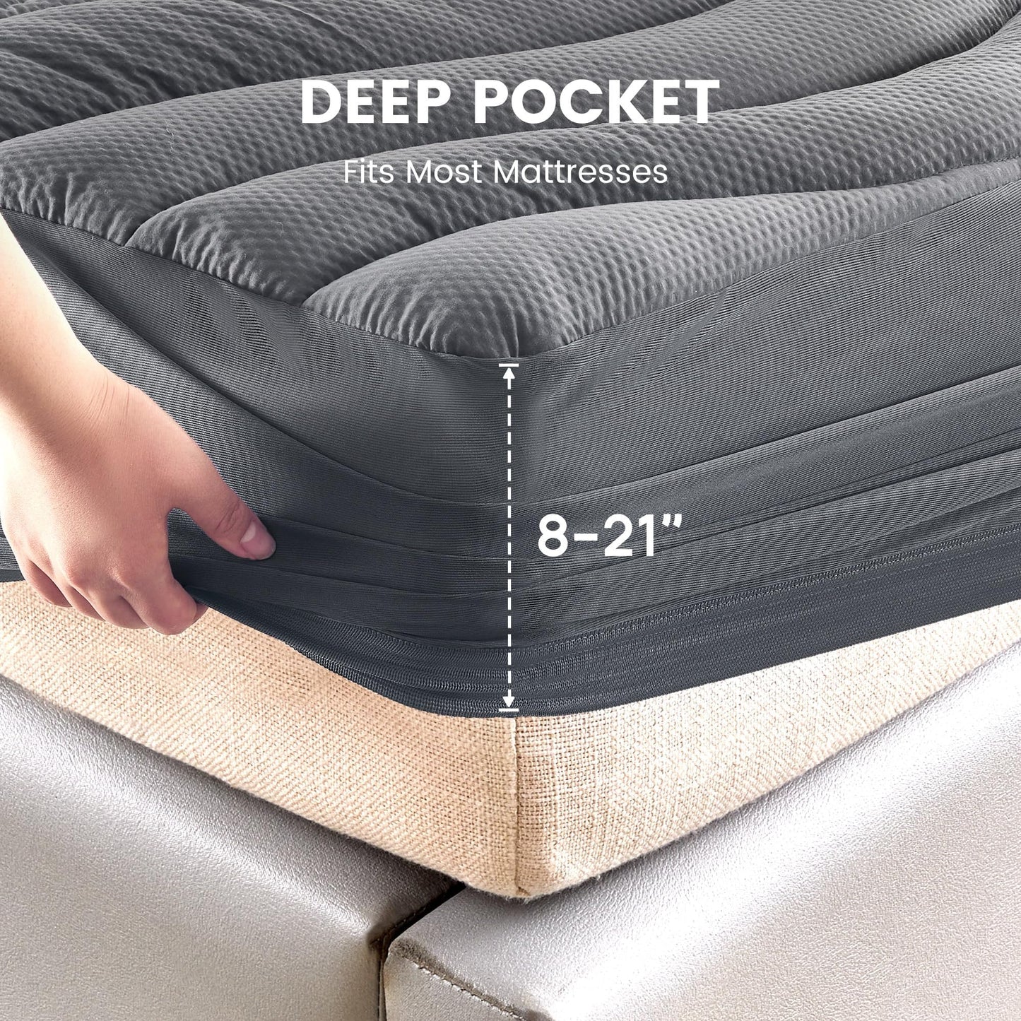 SLEEP ZONE Waterproof Mattress Pad Queen, Breathable Mattress Topper Quilted Fitted Cover Protector with Deep Pockets fits 8-21 inch, Gray