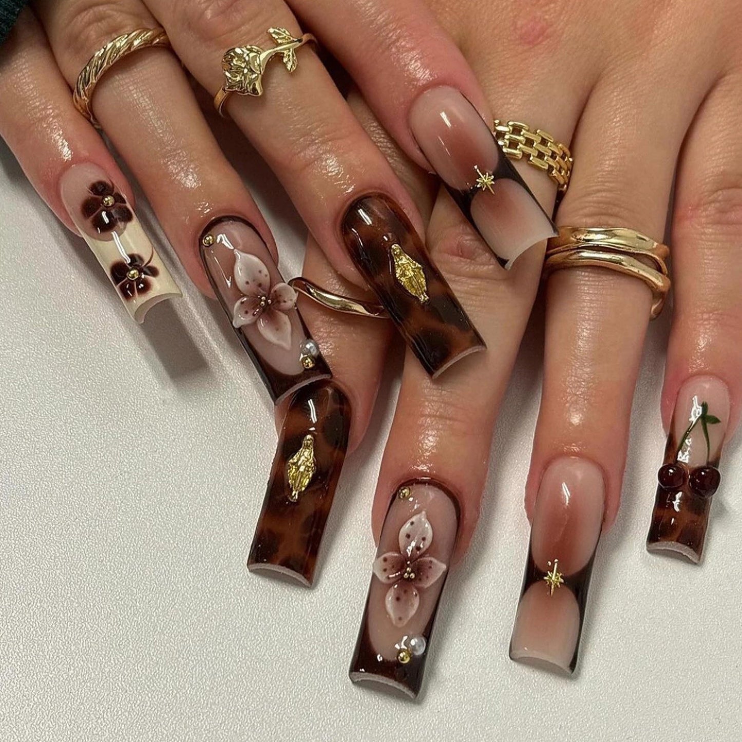 MERVF Fall Press on Nails Long Square, Leopard Brown French Tip Fake Nails Flower Cherry Glue ons Pearls Acrylic Nail Gradient Design Glossy 24pcs