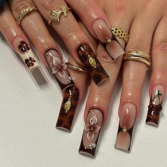 MERVF Fall Press on Nails Long Square, Leopard Brown French Tip Fake Nails Flower Cherry Glue ons Pearls Acrylic Nail Gradient Design Glossy 24pcs