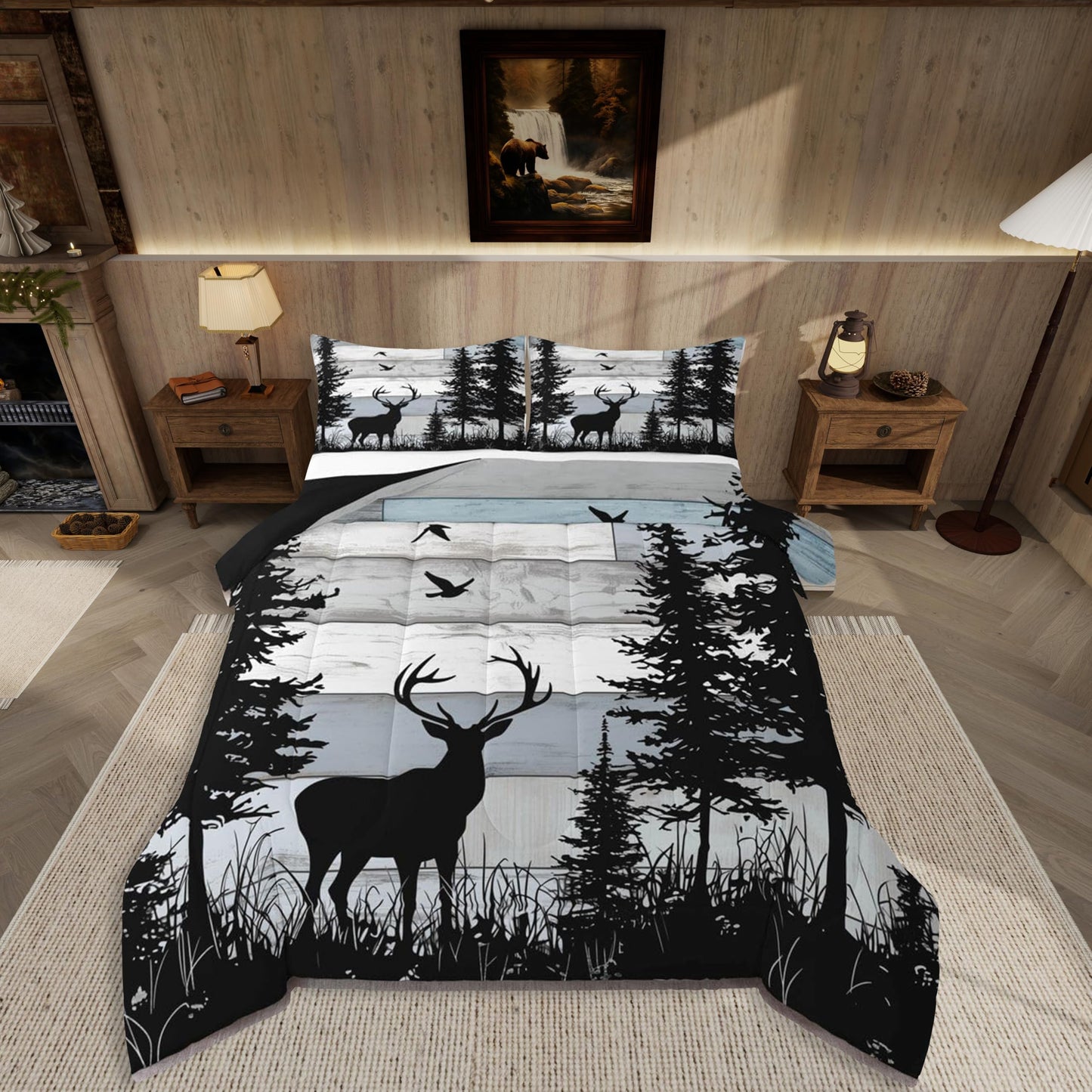 jejeloiu Deer Bedding Set Soft for Boys Girls, Rustic Cabin Country Comforter Set Queen Size Farmhouse Duvet Quilt Microfiber Wild Animal Bedroom Decor 3 Pcs with 2 Pillow Cases