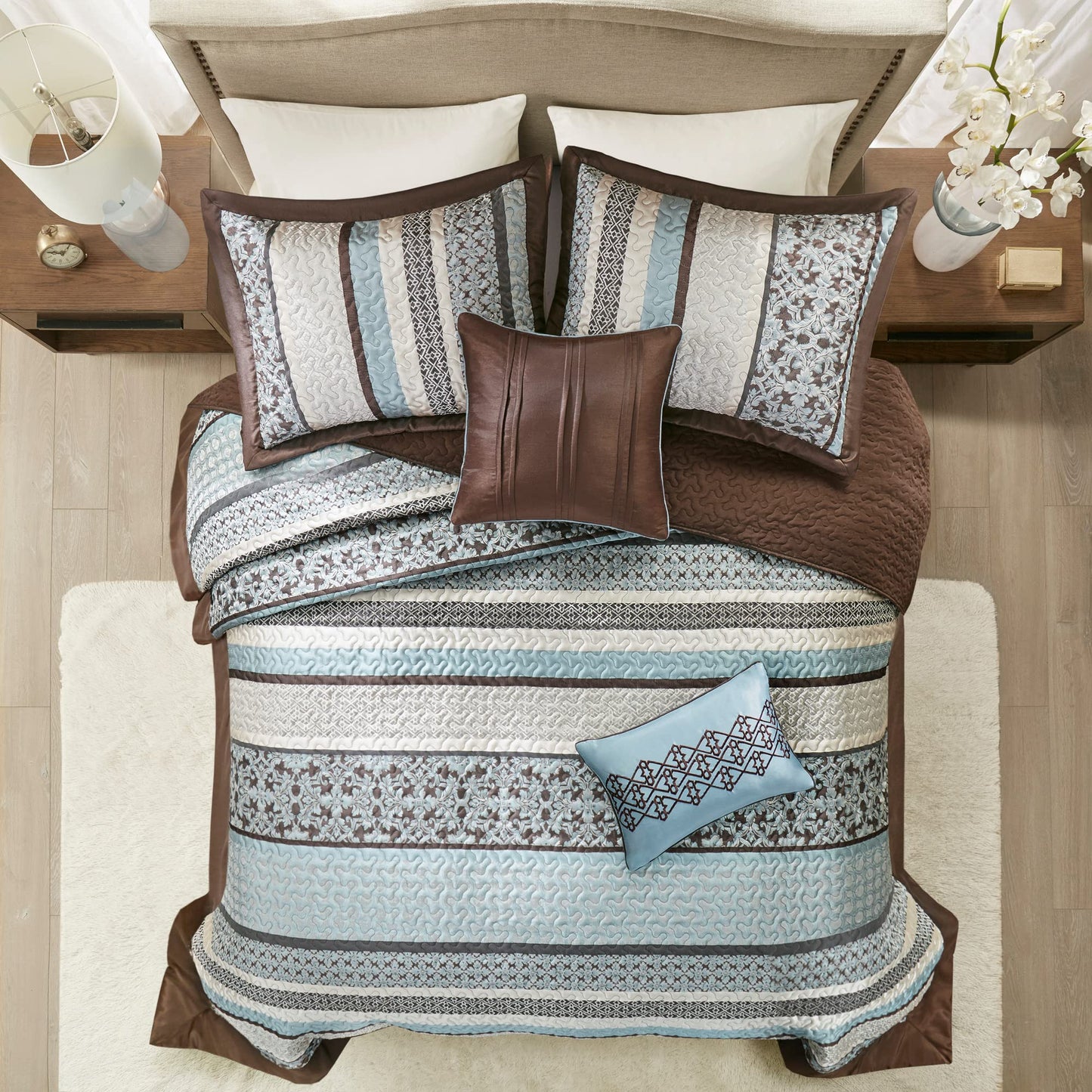 Madison Park Princeton Reversible Quilted Bedspread Set, Solid Reverse Summer Breathable, Lightweight All Season Bedding Layer, Matching Shams, Bedspread King(120"x118"), Blue 5 Piece