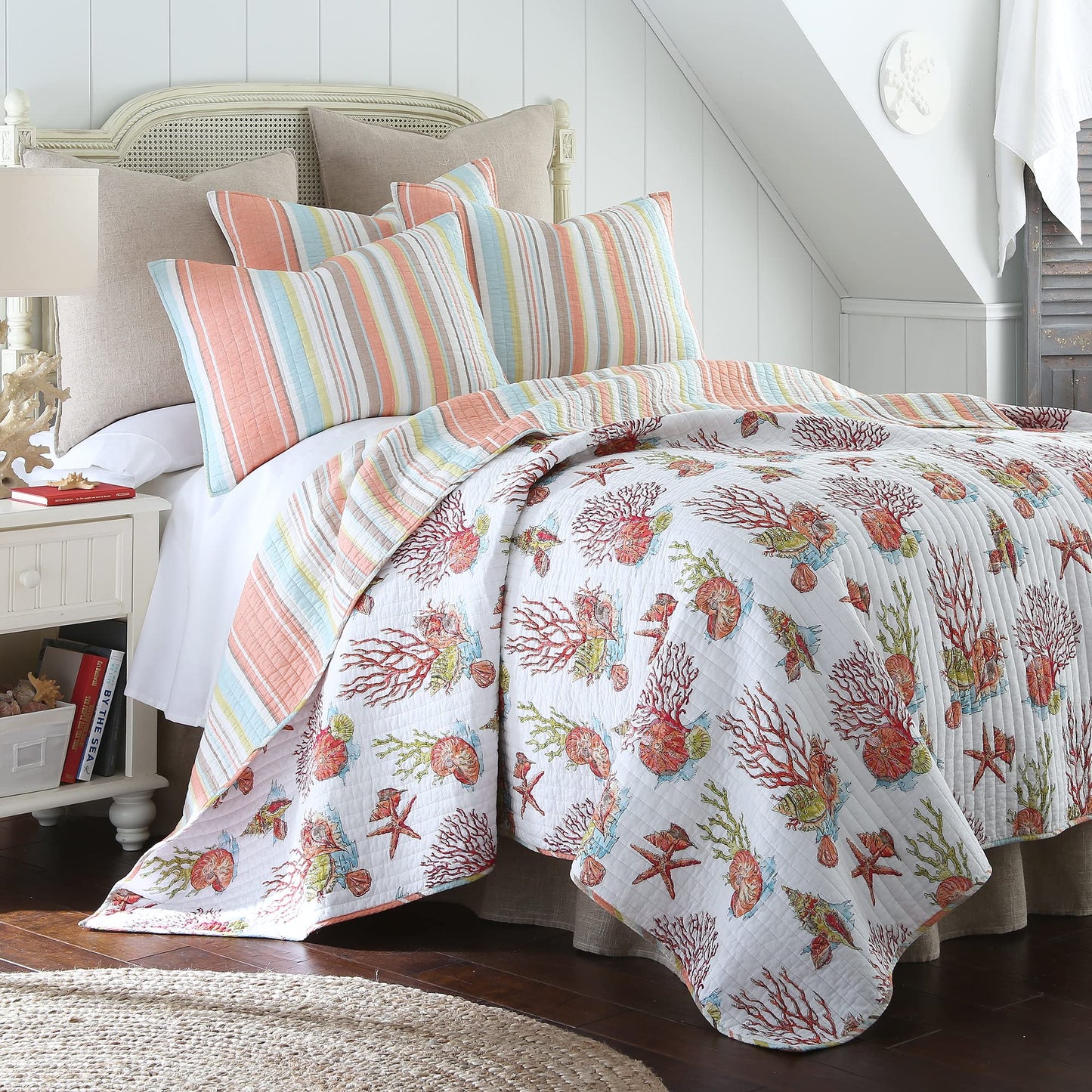 Levtex Home Brighton Coral King Cotton Quilt Set Stripe Coastal
