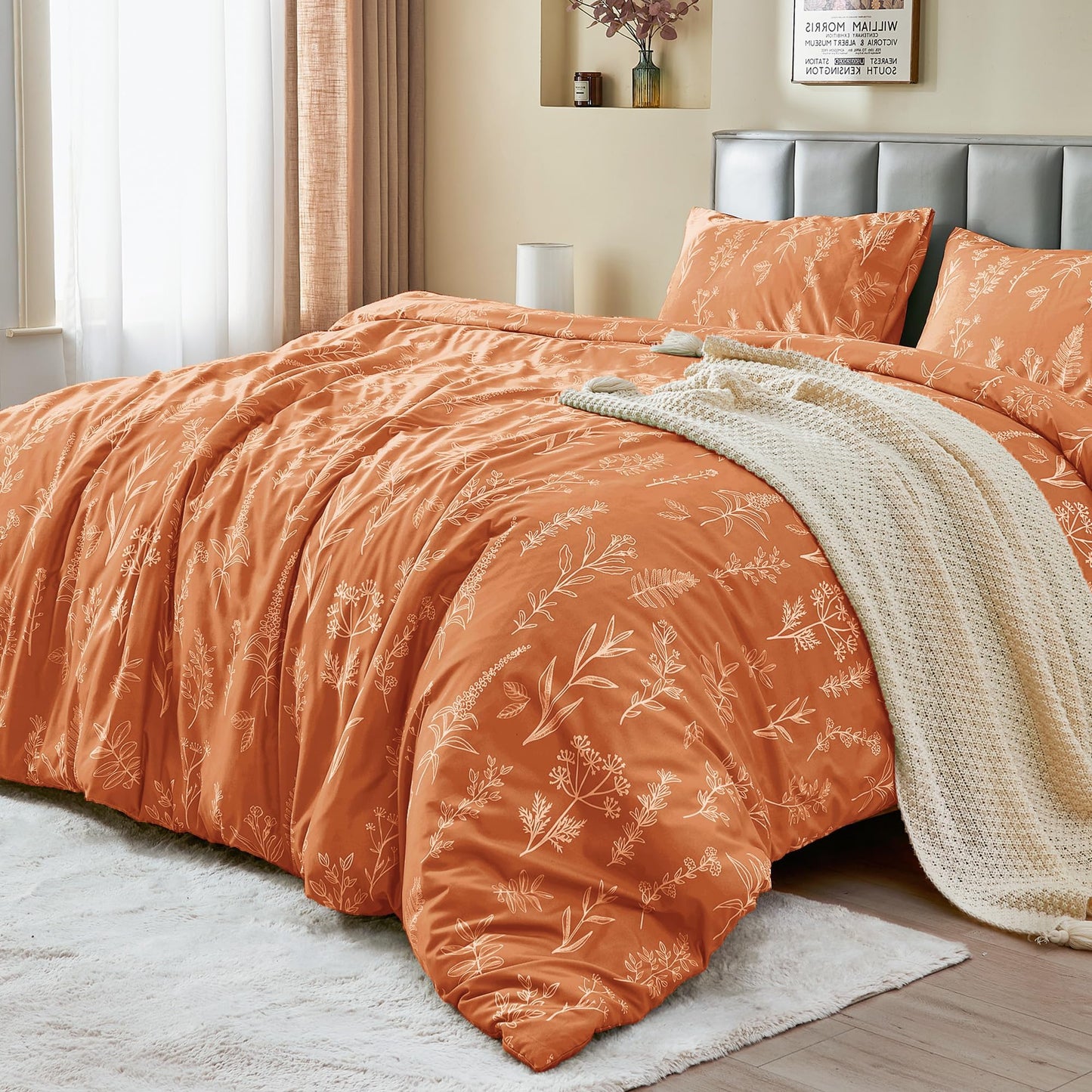 MUXHOMO Duvet Cover Queen Size, Reversible Floral Caramel Duvet Cover Set with Zipper Closure, 3 Pieces Botanical Patterns Soft Microfiber Bedding Set with 4 Ties (90"x90", 2 Pillow Cases)