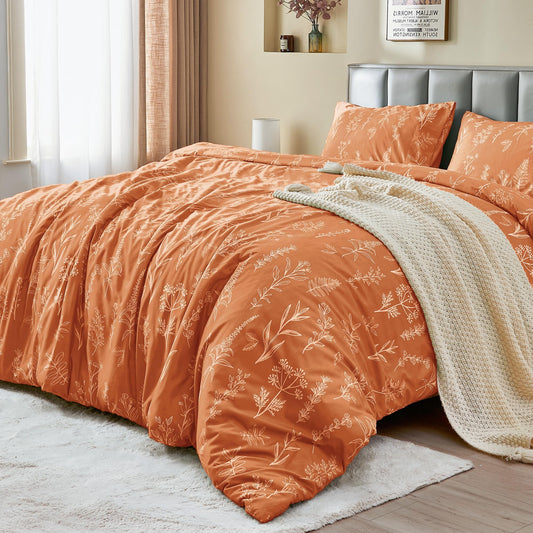MUXHOMO Duvet Cover Queen Size, Reversible Floral Caramel Duvet Cover Set with Zipper Closure, 3 Pieces Botanical Patterns Soft Microfiber Bedding Set with 4 Ties (90"x90", 2 Pillow Cases)