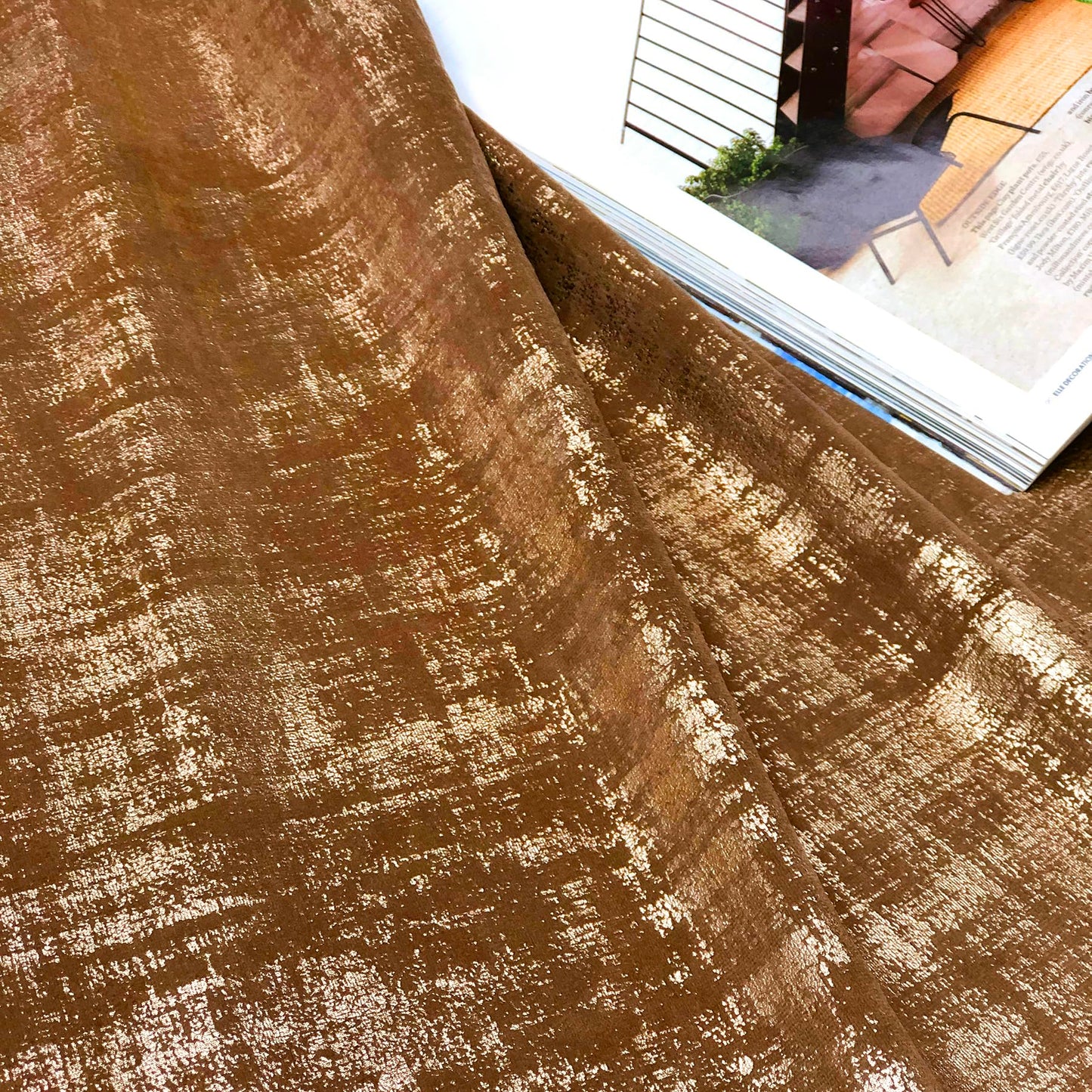 always4u 100% Blackout Soft Velvet Curtains for Bedroom Living Room Thermal Energy Saving 84 Inches Long Luxury Gold Foil Print Drapes 2 Panels Caramel