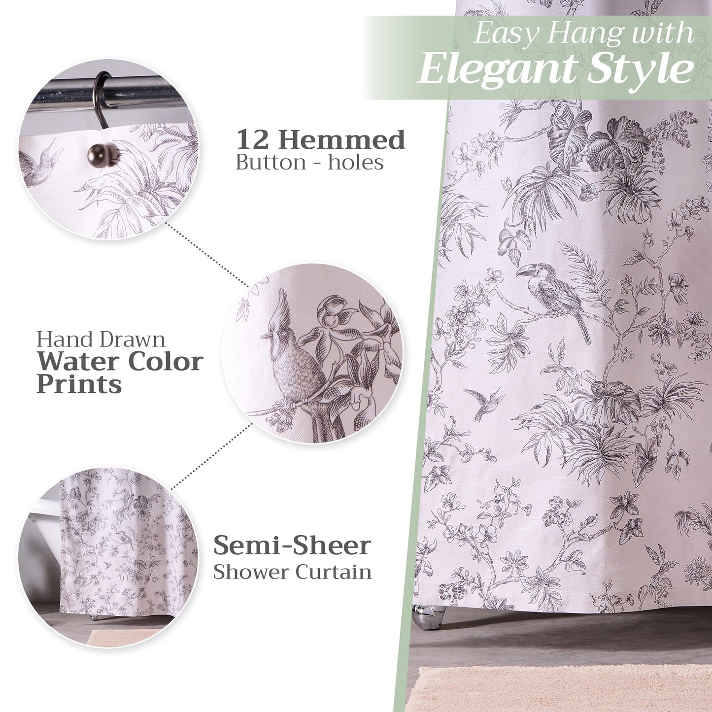 Maison d' Hermine Shower Curtain 100% Cotton One Panel 70"x72" Washable Fabric Shower Curtains for Bathroom, Easy Hanging with 12 Button Holes - Home Hotel Resort Spring Summer - Jouy Paradise - Grey