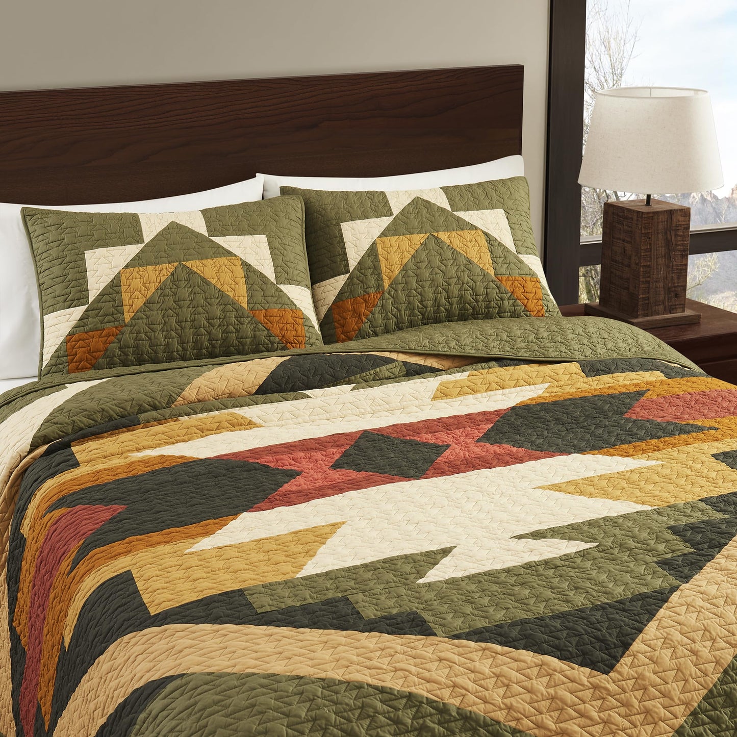 Pendleton King Quilt Set – 100% Cotton 3 Piece Quilt Set with Shams, Soft Lightweight Bedding for King Size Bed, Green & Beige Patterned Comforter Alternative, King Bedding Set (Tumalo)