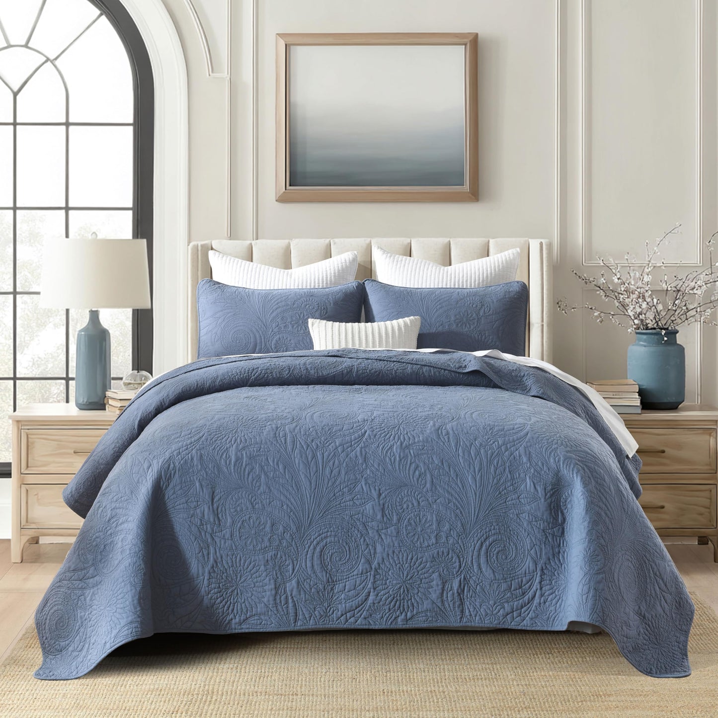 AJOCCI Cotton Queen Size Comforter Set，Solid Quilt Set Retro Blue Bedding，Paisley Bedspreads，Soft Cotton Quilt Solid Color Lightweight Bedspread All Seasons 3 Piece