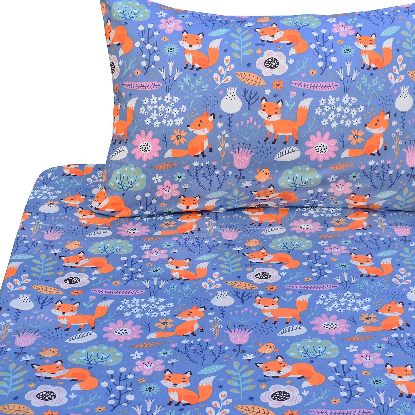 J-pinno Fox Birds Play in Flowers Bloom Tree Forest Twin 100% Cotton 3 Pieces Sheet Set for Kids Girls Children,Flat Sheet + Fitted Sheet + Pillowcase Bedding Decoration Gift Set