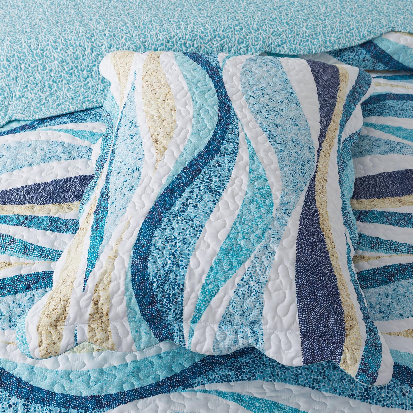 HoneiLife Queen Bedspreads Oversized - 106"x106" Coastal Quilt Sets, Beach Quilt 3-Piece, Nautical Bedspreads Ocean Coverlets, Lightweight Bed Cover, Summer Quilts