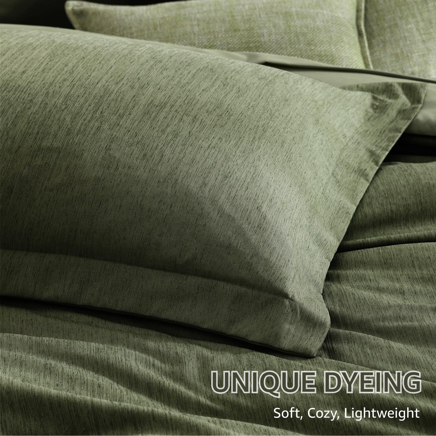 Monbix Queen Comforter Set - 7 Pieces Cationic Dyeing Olive Green Bed in a Bag Queen Bedding Sets with Comforter, Sheets, Pillowcases & Shams, Reversible Bedding Comforters Sets