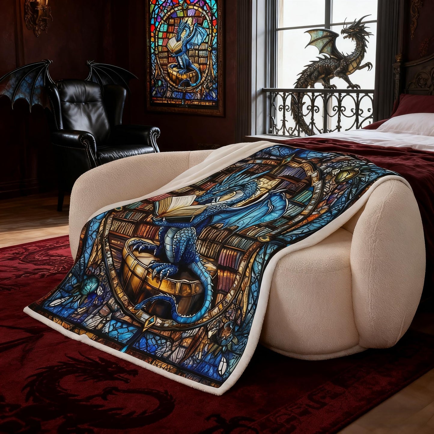 Western Dragon Kids Throw Blanket,Blue Dragon Reading Book Bookshelf Bed Blanket for Boys Girls,Geometric Patchwork Abstract Fleece Blanket,Trippy Chic Fuzzy Blanket,Throw Size (50 x 60 Inches)