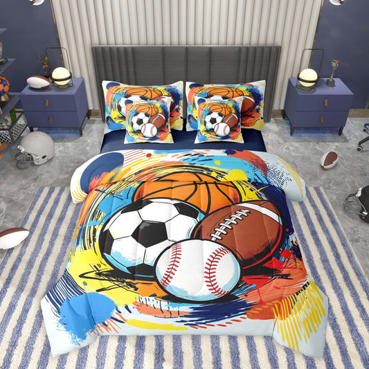 Feelyou Boys Sports Comforter Set with Sheets 7 Piece Twin Size Football Baseball Soocer Basketball Bedding Set for Kids Sports Lover Gifts Bed in a Bag Teens Ball Game Room Decor Soft Microfiber