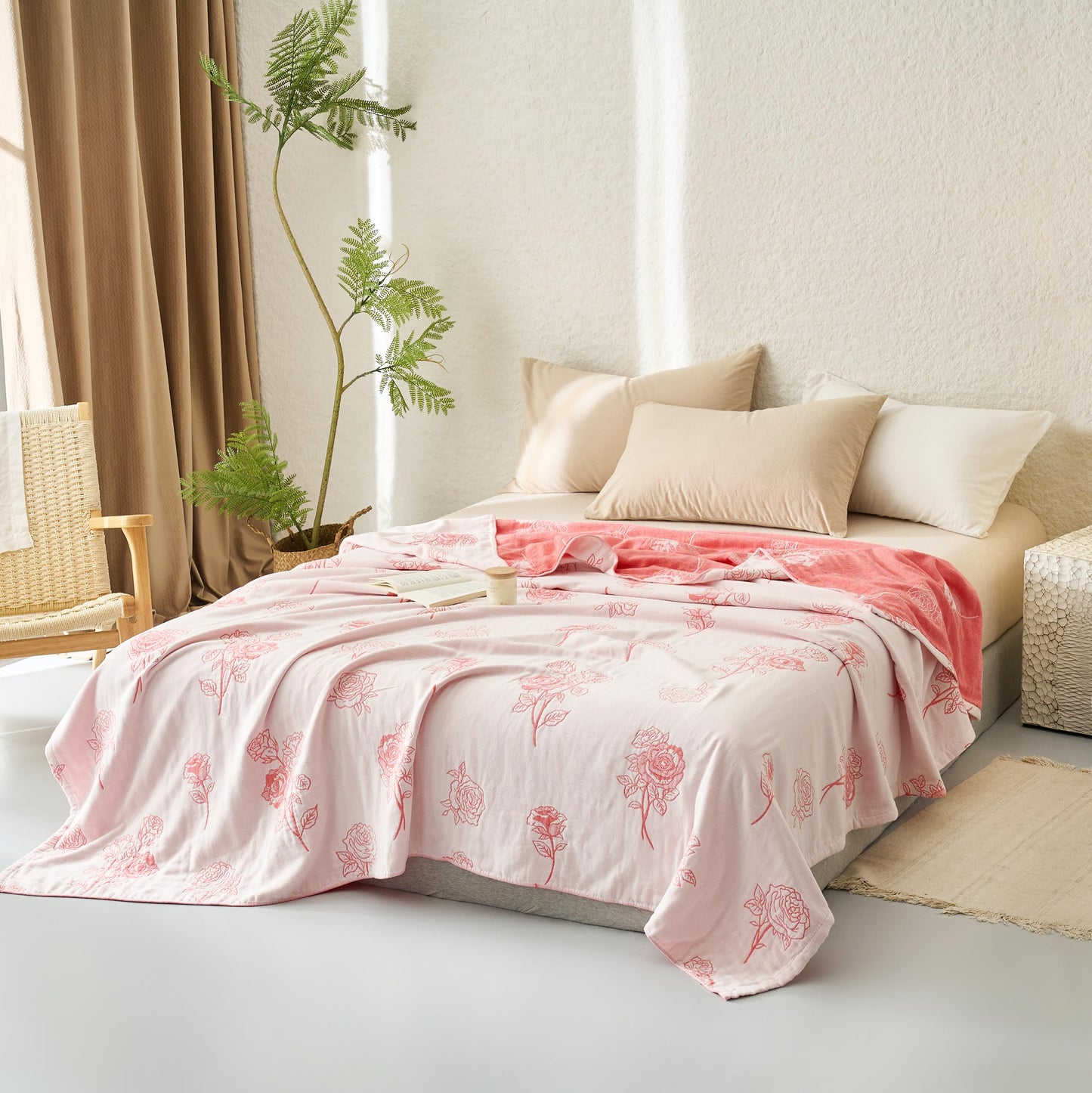 Scientific Sleep Rose Pink White Flower 100% Cotton Muslin Blanket Throw Cover for Bed Couch Sofa Cozy Soft Reversible Bedding Blanket Bedspread Coverlet Full Queen 80 in x 90 in