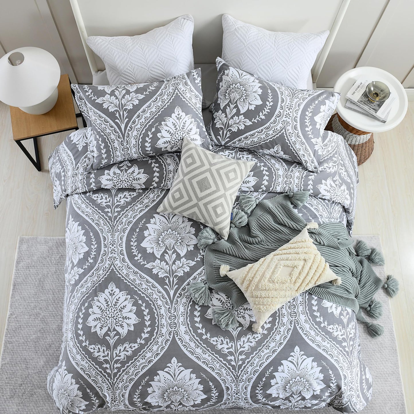 VOOVY Grey Duvet Cover King - 3 Pieces Paisley Damask King Size, Ultra Soft Breathable Bedding Duvet Cover Set with 100% Cotton for All Season, 104"x90", No Comforter