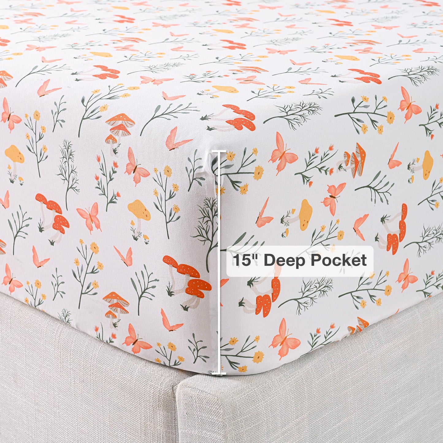 Viviland Mushroom Twin Sheet Set - 4 Piece Vintage Butterfly Flower Patterned Bed Sheets - Soft, Breathable Microfiber Floral Sheets with Deep Pocket, Non-Slip Fitted Sheets & Pillowcases
