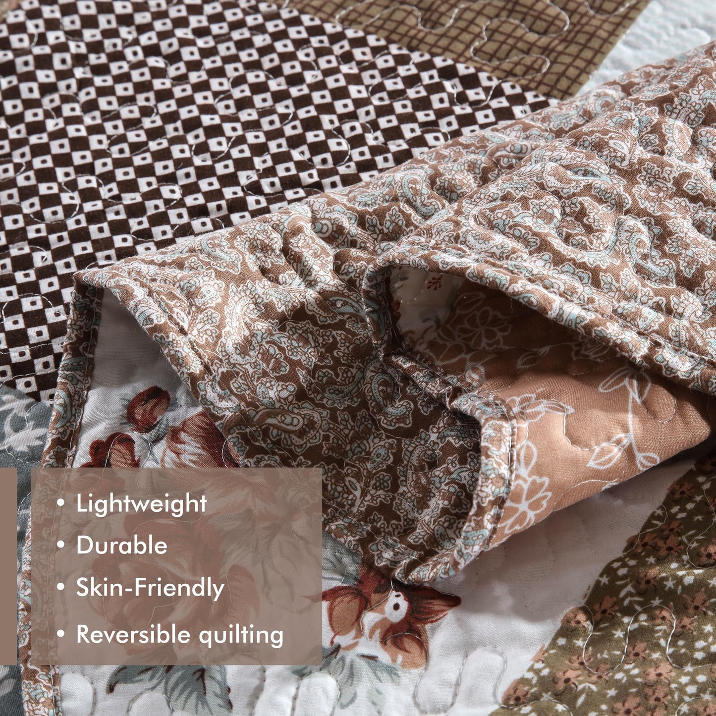 Etwel Lightweight Patchwork Queen Size Quilt Set - Breathable Reversible Cotton Bedspread for Hot Sleepers, Farmhouse Floral Bedding Set with 2 Pillow Shams for All Season (90"x98", Brown Flower)