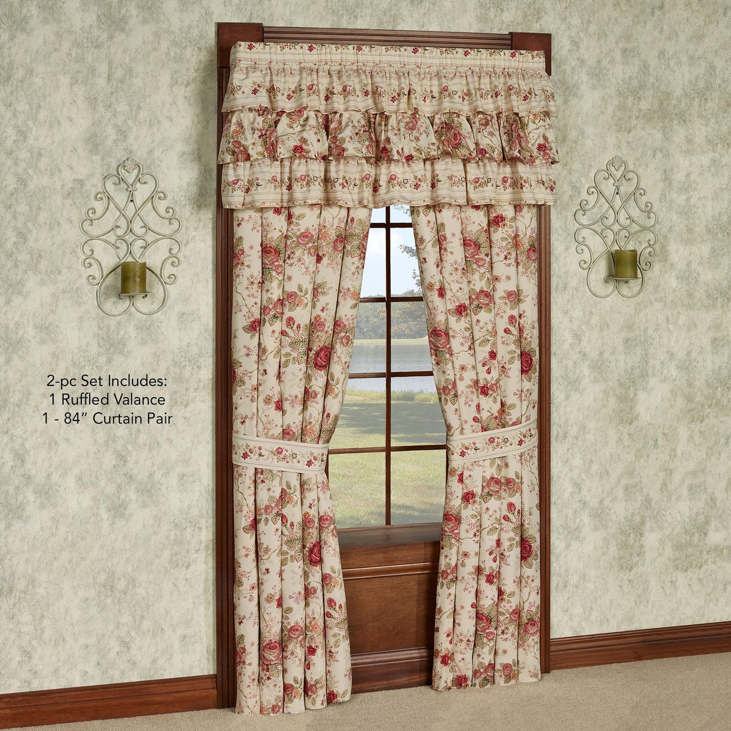 Touch of Class Heirloom Rose Window Ruffled Valance & 84" L Curtain Pair